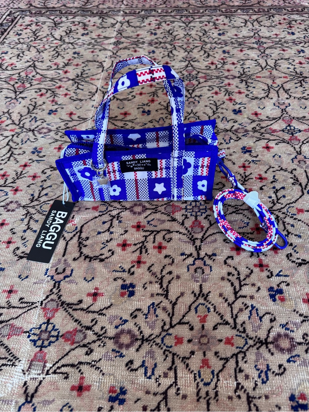 NWT BAGGU x Sandy Liang Blue, White & Red Patterned Mini Crossbody